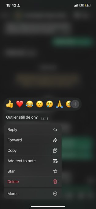 A screenshot of a mobile message reading "Outlier still de on?" at 13:18, with a context menu showing options like Reply, Forward, Copy, and Delete. The post appears to be promoting an "Outlier" account opportunity, claiming 60-70 hours of work weekly.