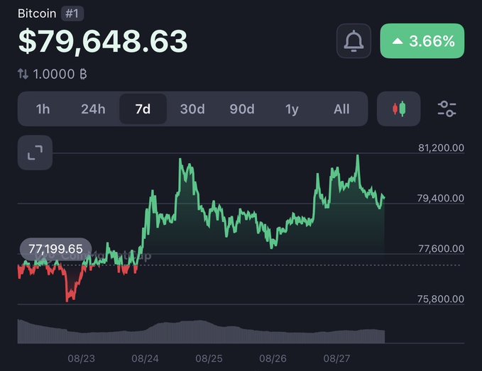 A cryptocurrency price chart showing Bitcoin at $79,648.63 with a 3.66% increase over 7 days, displaying candlestick patterns between 08/23 and 08/27.