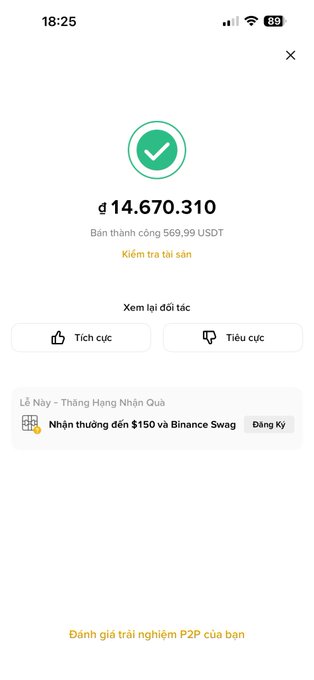 A mobile app screenshot, likely Binance, displaying a successful P2P transaction of 14,670,310 (VND) for 569.99 USDT, with options for positive/negative feedback.