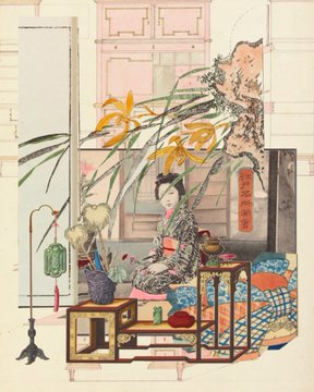 A traditional Japanese-style illustration of a woman seated at a vanity surrounded by flowers, plants, and decorative items in soft pastel colors.