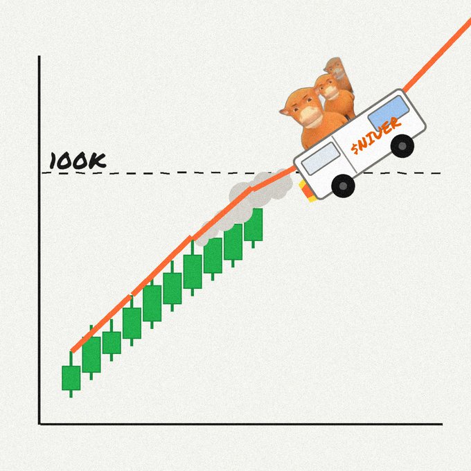 A whimsical illustration of a rocket labeled 'SNIVER' carrying cats past the '100K' milestone on a green candlestick chart.