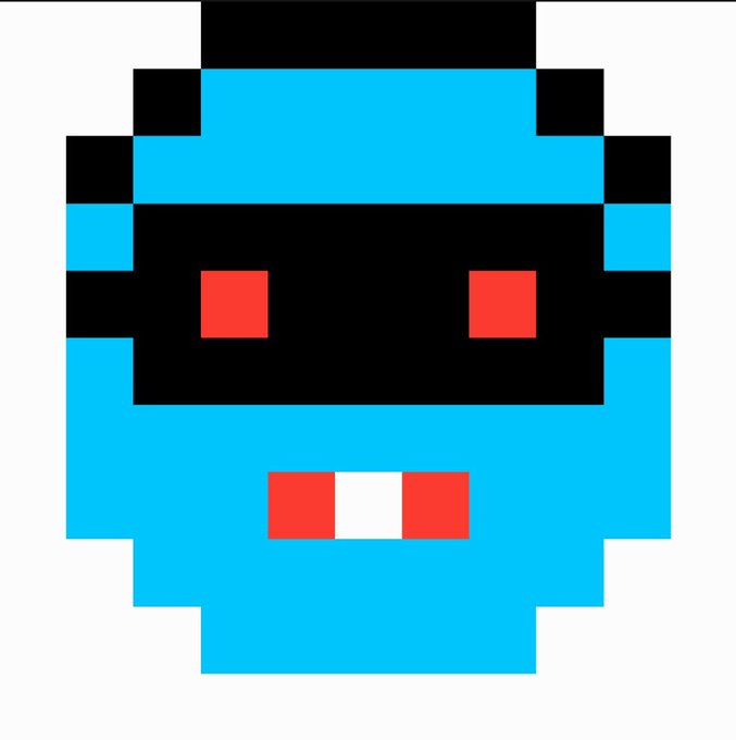 A pixel art icon of a blue robot or character head with a black visor containing two red square eyes and a rectangular mouth with white teeth on a red background.