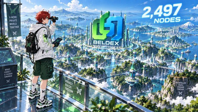 An anime-style illustration featuring a red-haired character looking through binoculars at a futuristic floating city landscape, with text reading '2,497 NODES' and 'BELDEX'.