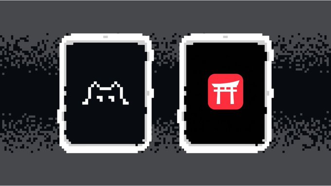 The image displays two pixel-art smartphone icons side by side on a dark gray background; the left phone features a white pixelated cat logo (representing Hazels), while the right phone displays the red PX (Torii gate) app icon. This visual pairs the PX identities and Hazels NFT community logos to illustrate the announced collaboration between the two projects.