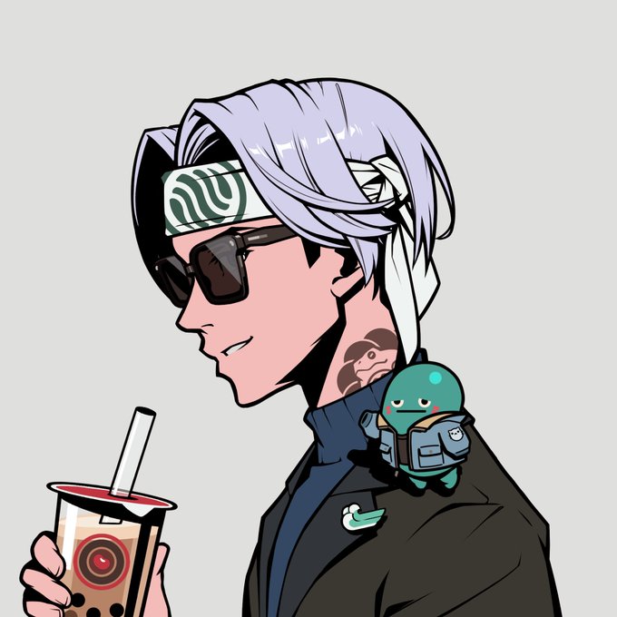Anime-style illustration of a silver-haired character wearing sunglasses and a headband, drinking bubble tea, with a small green creature perched on their shoulder.