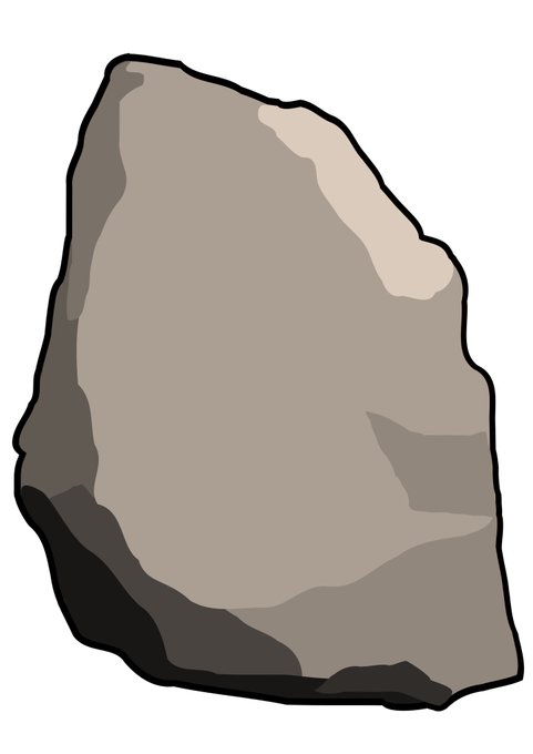 A simple cartoon-style illustration of a gray rock or stone with black outlines and shading on a light blue background.