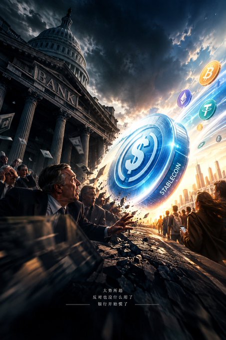 A dramatic illustration shows a large glowing stablecoin token shattering the ground in front of a classical bank building labeled "BANK," with panicked bankers and crowds reacting as other cryptocurrencies like Bitcoin and Ethereum appear in the sky above. Chinese text at the bottom reads "大势所趋 反对也没什么用了 银行开始慌了" (The trend is inevitable—opposition is futile, and banks are starting to panic), visually reinforcing the post's message about community banks fearing deposit losses to stablecoins.