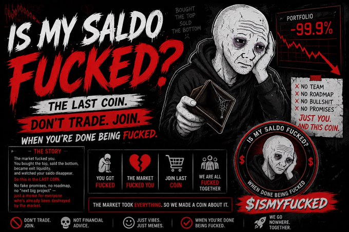 The image is a dark, meme-style promotional graphic for a cryptocurrency called "$ISMYFUCKED," featuring a distressed bald character holding a coin alongside the headline "IS MY SALDO FUCKED?" and a portfolio showing "-99.9%." It includes taglines like "DON'T TRADE. JOIN," "THE LAST COIN," and anti-market messaging ("NO TEAM, NO ROADMAP, NO BULLSHIT, NO PROMISES"), reinforcing the post's call to abandon trading and join the coin instead.