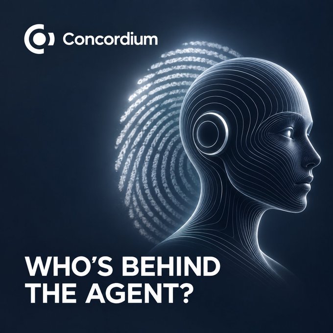 A futuristic 3D wireframe illustration of a female head with a fingerprint motif, branded with 'Concordium' and the text 'WHO'S BEHIND THE AGENT?'.