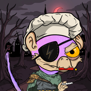 A cartoon illustration of a purple monkey character with a lightning bolt eyepatch, smoking a cigarette against a spooky forest backdrop with a crescent moon.