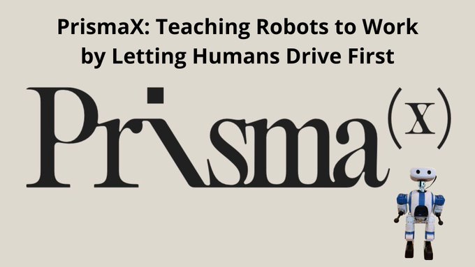 A promotional graphic titled 'PrismaX: Teaching Robots to Work by Letting Humans Drive First' featuring the Prisma(x) logo and a small blue and white humanoid robot illustration.