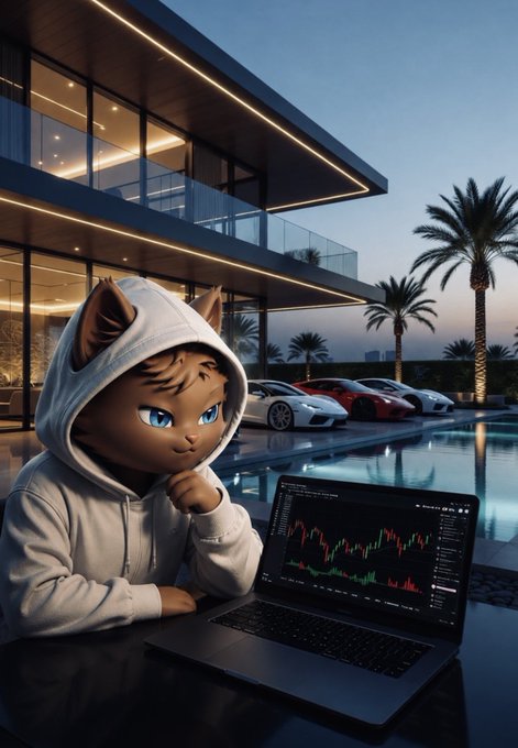 A 3D-rendered anthropomorphic cat character wearing a white hoodie sits at a modern outdoor table working on a laptop displaying stock/crypto charts, with luxury cars and a modern mansion visible behind them.