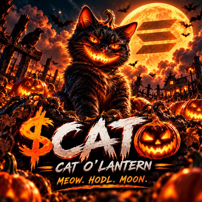 A Halloween-themed graphic featuring a black cat with glowing eyes surrounded by jack-o'-lanterns and bats, with text '$CAT - Cat O'Lantern - MEOW. HODL. MOON.' and a Solana logo.