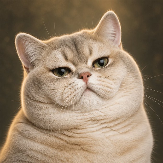 A close-up portrait of a plump, light-colored cat with green eyes, a pink nose, and slightly downturned mouth, giving it a grumpy or unimpressed expression against a dark, blurred background.