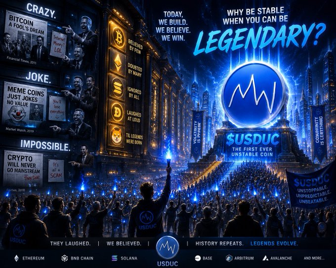 The image features an advertisement for Bitcoin that includes a crowd of people holding up signs with various messages, such as "Why Be Stable When You Can Be Legendary?". The text also mentions Bitcoin's history and its association with meme coins like Memecoins. The main focus is on the concept of stability and how it can be achieved through Bitcoin.