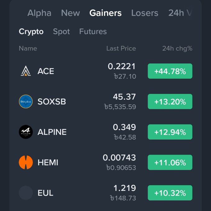 A cryptocurrency market data screen titled 'Gainers' listing top performing tokens: ACE (+44.78%), SOXSB (+13.20%), ALPINE (+12.94%), HEMI (+11.06%), and EUL (+10.32%) with their respective last prices in ৳.