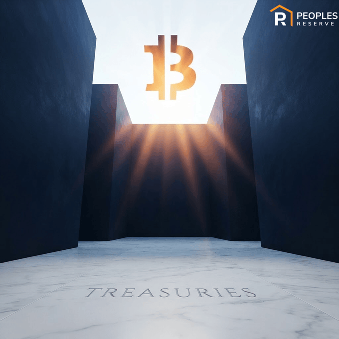 A promotional graphic for 'Peoples Reserve' features a glowing gold Bitcoin symbol in a dark stone corridor, with the word 'TREASURIES' on a marble floor below.