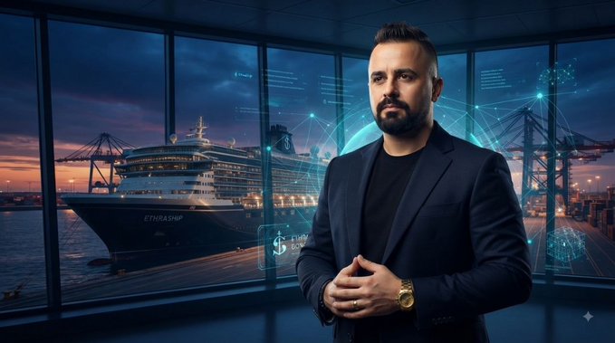 A man in a dark suit stands with hands clasped in front of large windows overlooking a cruise ship labeled "ETHIRA SHIP" docked at a port at dusk, with digital graphics overlaid on the scene.