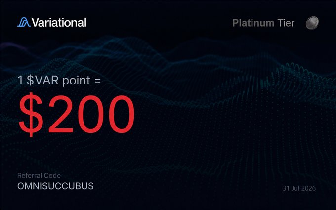 A promotional graphic for Variational's Platinum Tier features the text "1 $VAR point = $200" in large red lettering on a dark, wave-patterned background, alongside the referral code "OMNISUCCUBUS" and an expiration date of 31 Jul 2026. The image visually reinforces the post's speculation about Variational points potentially reaching a $200 valuation per point.