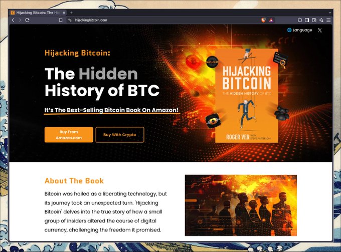 A browser page for “Hijacking Bitcoin: The Hidden History of BTC” promoting Roger Ver’s book, with buttons reading “Buy From Amazon.com” and “Buy With Crypto,” plus an “About The Book” section below.