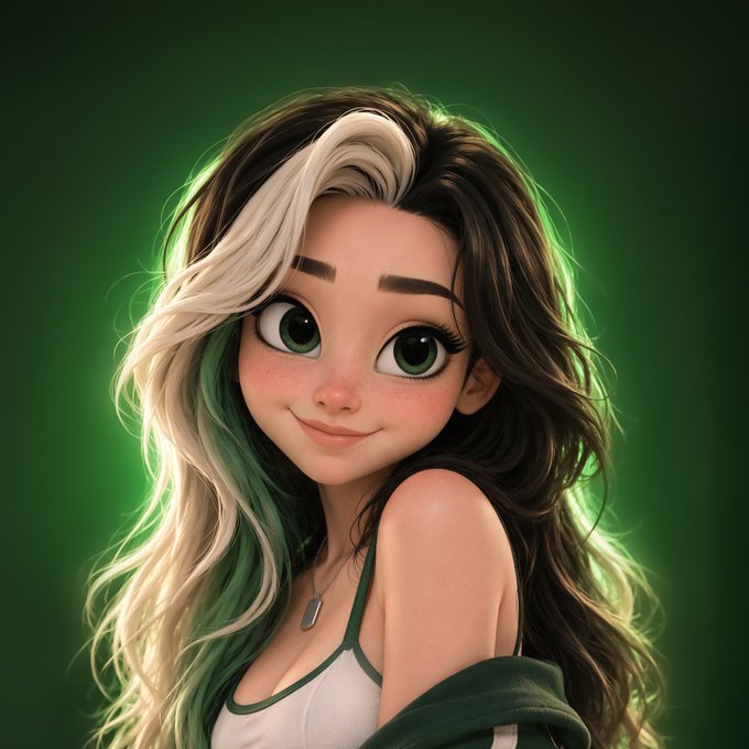 A digitally rendered anime-style character with striking split-dyed black-and-white hair featuring green highlights smiles against a matching green background, representing the $LILLY AI influencer who navigates the Pumpfun ecosystem.