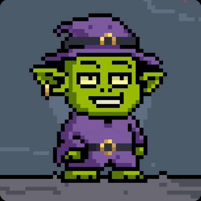 A pixel art image of a green-skinned goblin-like character wearing a purple witch hat and robe with a gold buckle.