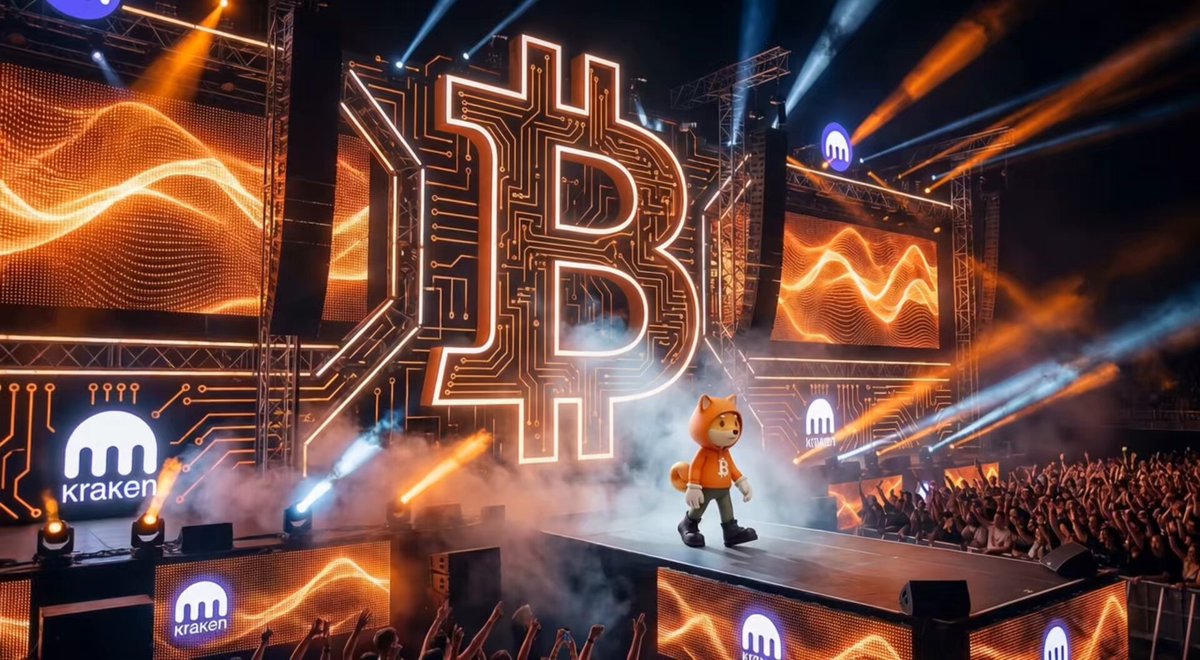 The image features a stage with a large screen displaying an orange and black Bitcoin logo, along with a person walking across the stage wearing an orange shirt. The text "Kraken built different" can be seen near the bottom of the image.