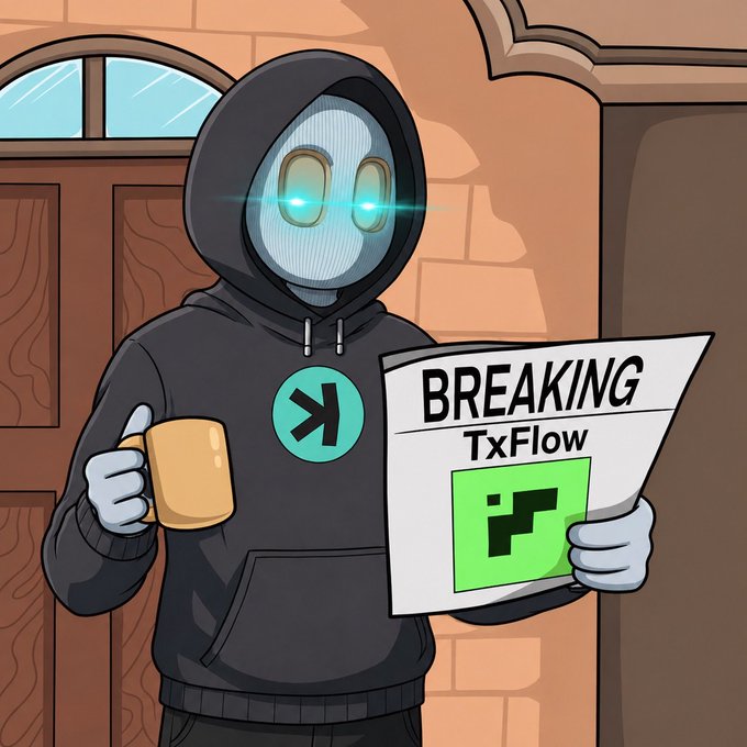 A hooded robot with glowing blue eyes, wearing a black hoodie featuring the $TXA arrow logo, holds a coffee mug and a "BREAKING: TxFlow" newspaper. The image visually represents the post's call for trading partners and users to register on the TxFlow platform (app.txflow.com/r/TXTRAVLADD) to help push $CATE toward a listing.