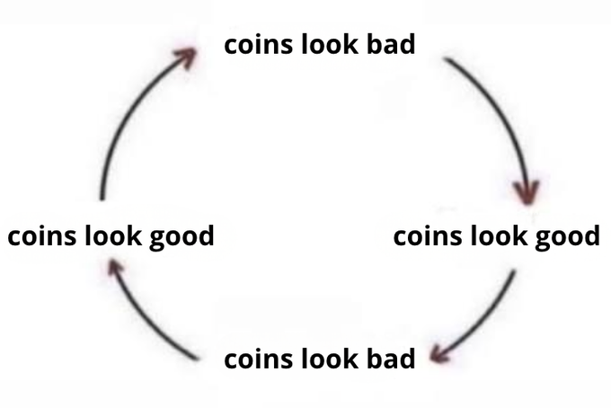 A humorous circular diagram showing the cycle: 'coins look good' → 'coins look bad' → 'coins look good' → 'coins look bad'.