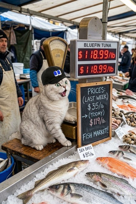 A wide-eyed gray cat wearing a black cap with a sad face logo, sitting at a fish market next to a chalkboard sign showing bluefin tuna prices jumped from $35/lb last week to $119/lb today.