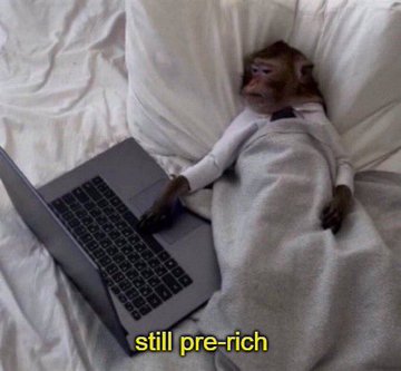 A baby monkey lies in bed under a blanket, reaching for a laptop with the caption "still pre-rich" — humorously implying the poster and the meme are both still early in their journey to making it big with $ANSEM.