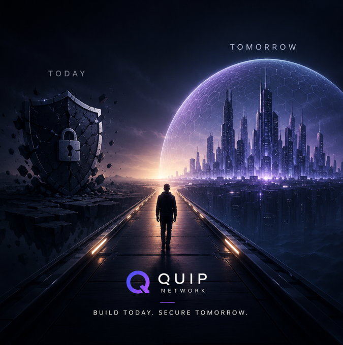 Promotional image for QUIP NETWORK with the tagline 'BUILD TODAY. SECURE TOMORROW.' showing a figure walking between a crumbling shield labeled 'TODAY' and a futuristic domed city labeled 'TOMORROW'.