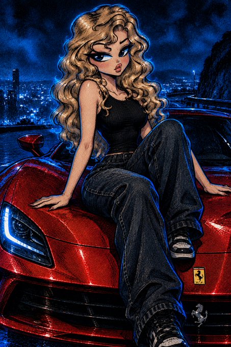 A stylized digital illustration of a curly-haired woman in a black top and baggy jeans sitting on the hood of a red Ferrari at night, with a city skyline in the background.