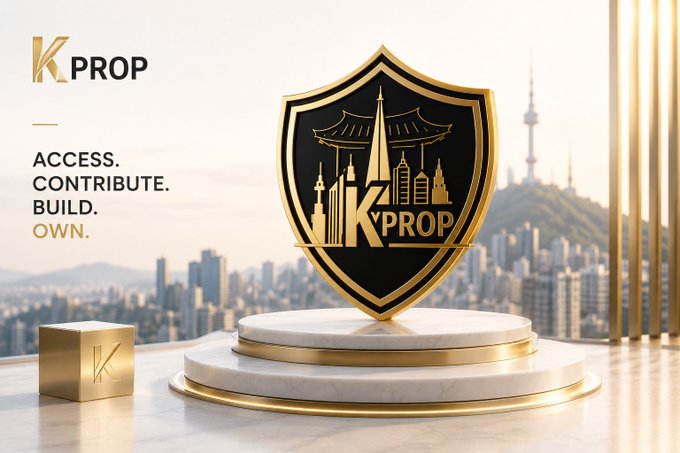 A promotional graphic for KPROP featuring a gold and black shield logo with city skyline imagery, displayed on a podium against a city backdrop, with the tagline 'ACCESS. CONTRIBUTE. BUILD. OWN.'
