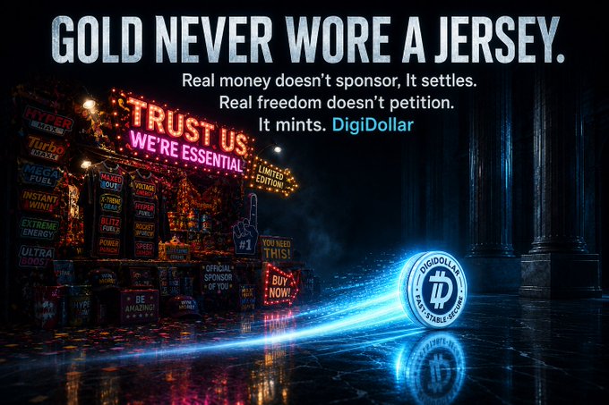 Promotional graphic with the tagline 'GOLD NEVER WORE A JERSEY' promoting DigiDollar, featuring a glowing digital coin against a backdrop of neon signs advertising energy drinks and energy products.