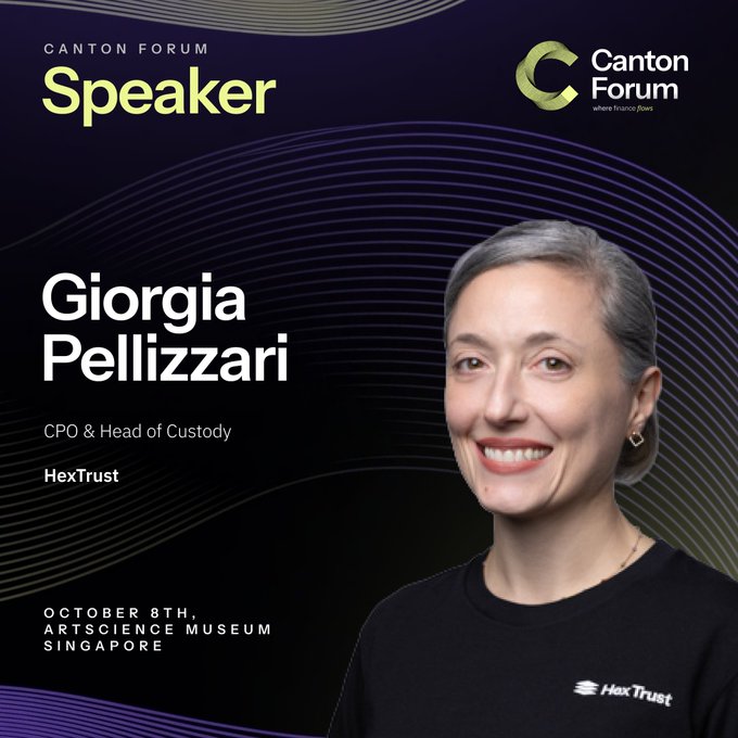 A promotional graphic for Canton Forum featuring speaker Giorgia Pellizzari, CPO & Head of Custody at HexTrust, scheduled for October 8th at the ArtScience Museum in Singapore.
