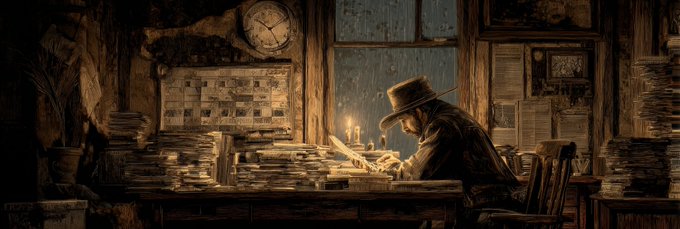 A digital painting depicts a man in a top hat and dark coat writing at a candlelit desk cluttered with stacks of papers, with a clock and window in the dimly lit room.