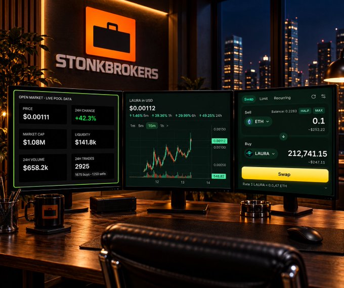 A stylized image of a cryptocurrency trading desk with three monitors displaying market data for a token called "LAURA" on the "STONKBROKERS" platform, showing a price of $0.00112 and trading features including a swap interface.
