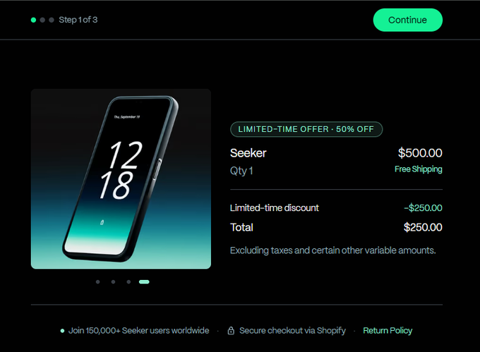 A checkout page advertising a 'Seeker' smartphone with a 'LIMITED-TIME OFFER • 50% OFF', reducing it from $500.00 to a total of $250.00 with free shipping, noting '150,000+ Seeker users worldwide' and 'Secure checkout via Shopify'.