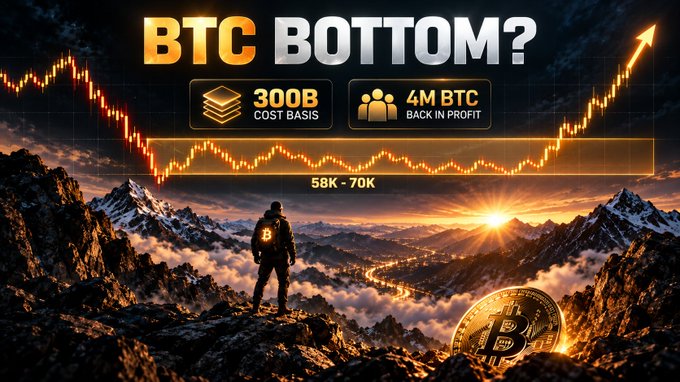 A Bitcoin-themed graphic asks 'BTC BOTTOM?' displaying '300B COST BASIS', '4M BTC BACK IN PROFIT', and a price range of '58K - 70K' over an image of a person standing on a mountain with a Bitcoin coin.
