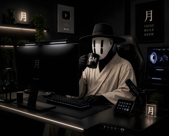 A masked figure wearing a black hat and white robe sits in a dark, atmospheric streaming setup, sipping from a mug labeled "GM" while surrounded by monitors displaying the Chinese character "月" (moon) and the mantra "FOCUS BUILD GROW." The scene perfectly embodies the post's "gm CT" greeting and "lockedIN" mindset, capturing a cyber-monk streamer ready for a focused week of grinding.