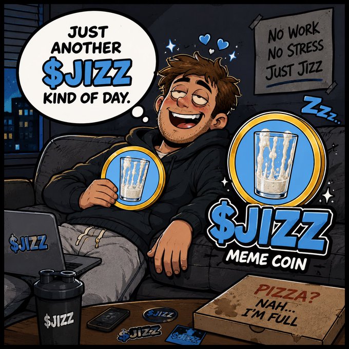 A cartoon meme featuring a happy man on a couch holding a glass of white liquid. Text includes "JUST ANOTHER $JIZZ KIND OF DAY," "$JIZZ MEME COIN," and "NO WORK NO STRESS JUST JIZZ."