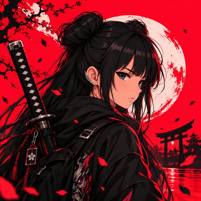 An anime-style illustration of a girl in dark ninja-like clothing with a katana on her back, set against a red background with a full moon, cherry blossoms, and a torii gate.