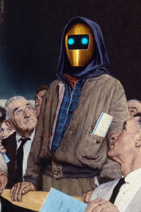 A surreal painting shows a hooded figure with a golden robotic face featuring glowing cyan eyes, standing among a crowd of elderly men in suits at what appears to be a public meeting.