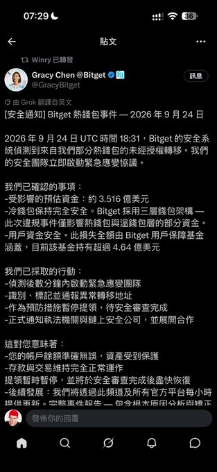 A Chinese-language tweet from "Gracy Chen @Bitget" dated September 24, 2026, announcing Bitget's security response to a hot wallet breach, mentioning a $3.516 billion loss and 4.64 billion fund recovery.