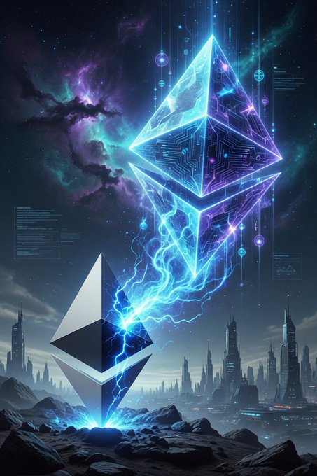 A glowing Ethereum logo and a digital, crystalline Ethereum symbol soar above a futuristic cyberpunk cityscape under a starry nebula, visually symbolizing the blockchain's ascent and technological evolution. The futuristic imagery reinforces the post's narrative of Ethereum's transition from "Era 1" ($0.50–$4,950) into a projected "Era 2" parabolic rise, portraying the network as a powerful, ascending force within a sci-fi financial frontier.