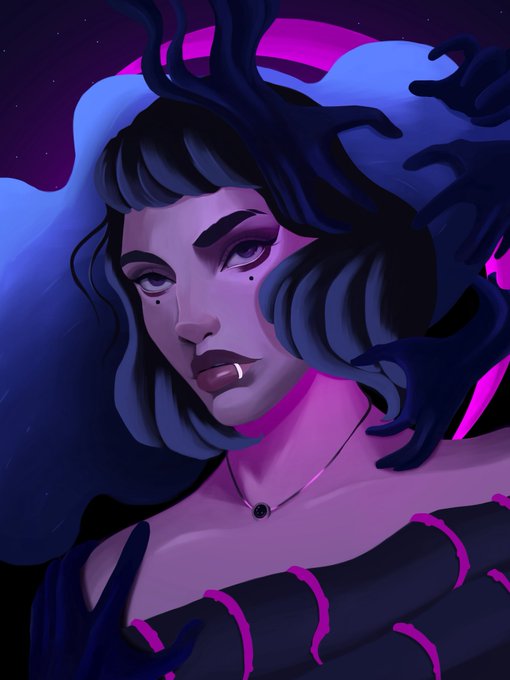 A digital illustration of a woman with purple skin, dark blue wavy hair, and a beauty mark, wearing a choker and dark off-the-shoulder clothing against a starry pink background.