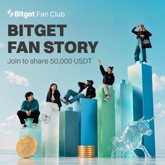 A Bitget Fan Club promotional banner reading 'BITGET FAN STORY' and 'Join to share 50,000 USDT,' showing several people sitting on 3D bar chart columns alongside a Bitcoin coin and a silver bull statue.