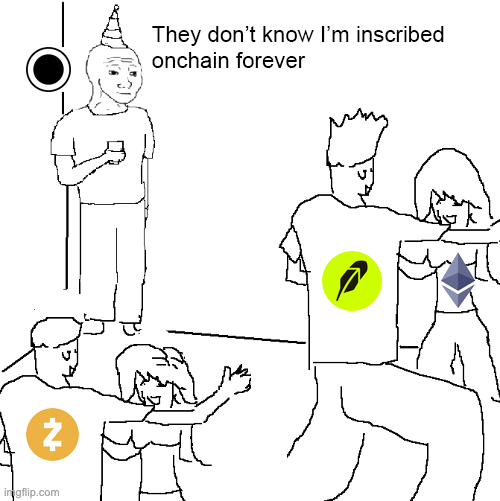 A Wojak-style meme shows a partygoer wearing a party hat in the background with the caption 'They don't know I'm inscribed onchain forever,' while figures in the foreground display logos for Zcash (ZEC), Lido (LDO), and Ethereum (ETH).