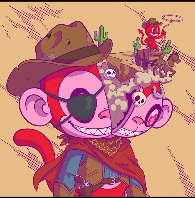 A cartoon-style illustration of a pink monkey wearing a cowboy hat and eyepatch, with a smaller red devil figure riding a wagon pulled by a horse in a desert scene emerging from the monkey's head.